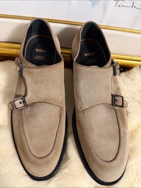 Boss Taupe Suede Double Monk Strap Shoes